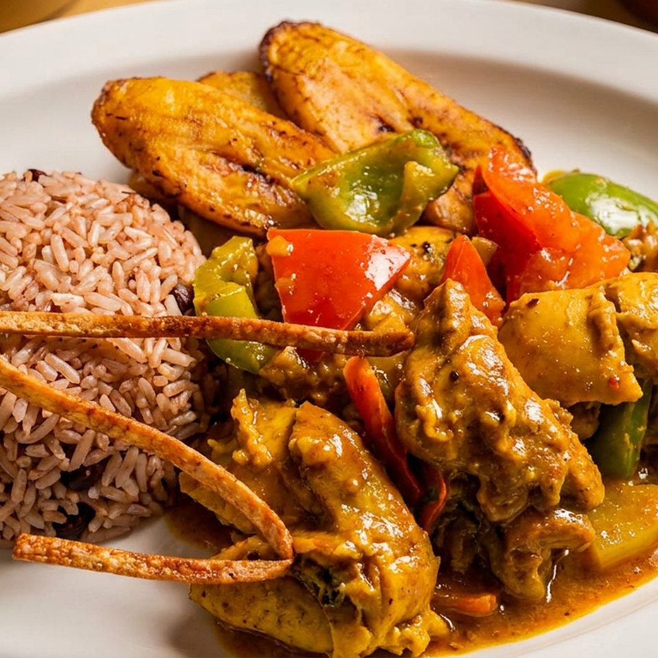 Curry chicken with colorful bell peppers, rice and peas, and fried plantains on a white plate.