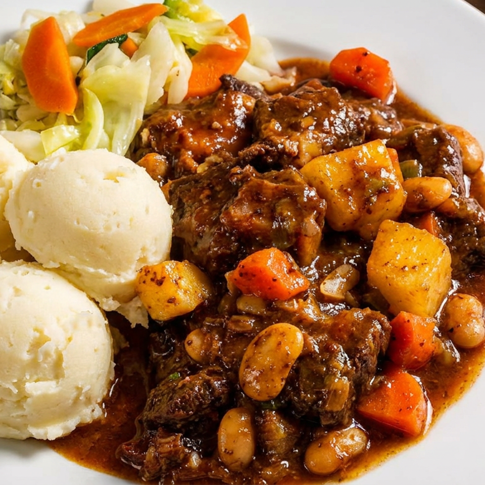 Hearty beef stew with potatoes, carrots, and beans, served with mashed potatoes and cabbage.