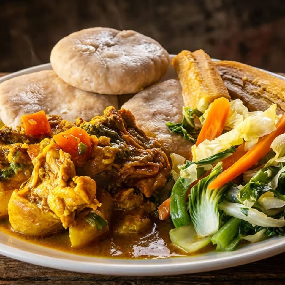 Plate of spiced curry with vegetables, sautéed greens, fried plantains, and round flatbreads on a rustic wooden table.
