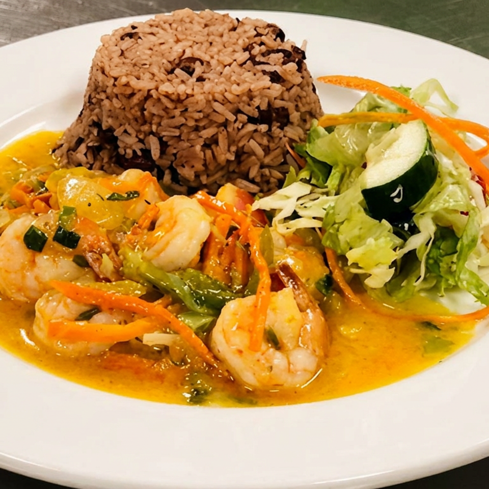 Shrimp and vegetables in yellow sauce, with rice and peas, and a fresh green salad.